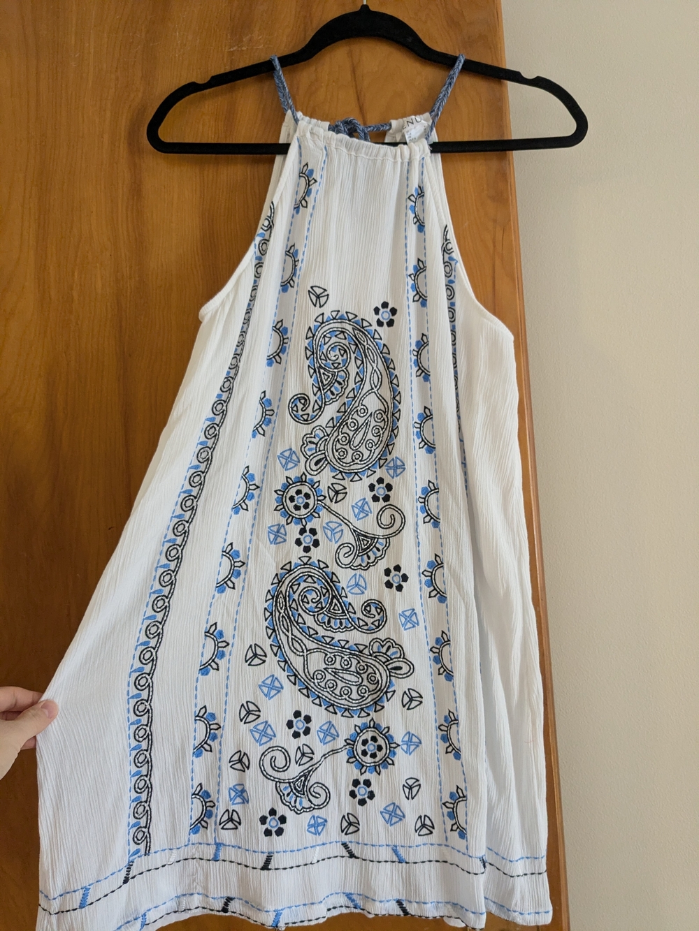 Venus White Halter Dress with Blue Paisley Embroidery. - Picture 2 of 13